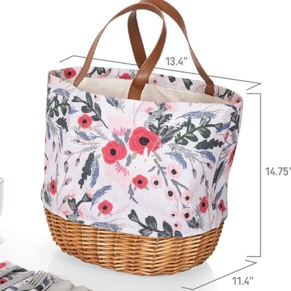 Coronado Canvas and Willow Basket Tote in Floral Pattern and Leather Strap NWOT - Picture 3 of 4